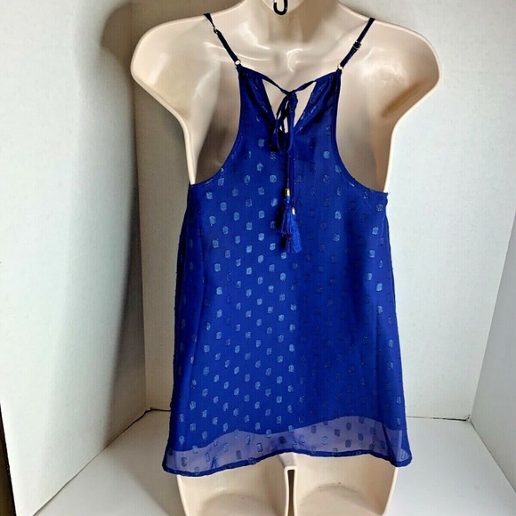 MacBeth Womens Sz XS Blue Cami Tank Top Shirt Tassel Tie Back Textured Dots Blue - Picture 2 of 3